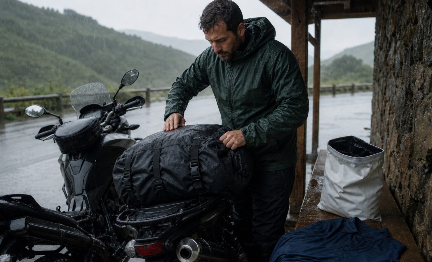 Motorista comprobando una bolsa impermeable bajo un refugio mientras llueve