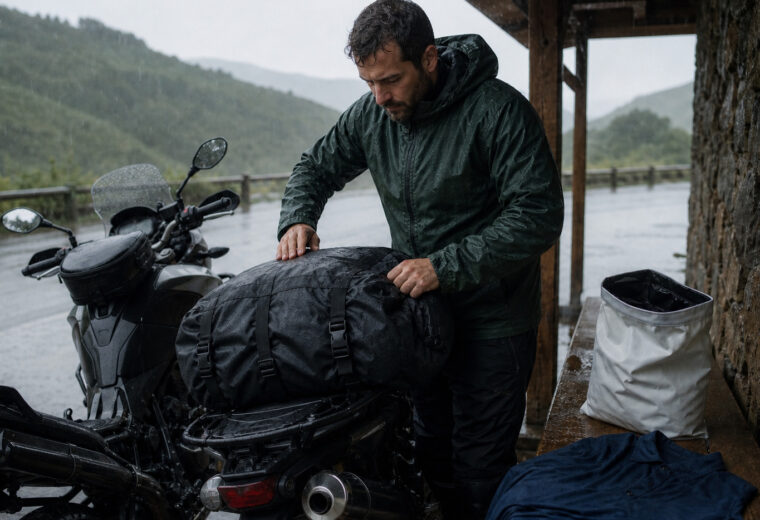 Motorista comprobando una bolsa impermeable bajo un refugio mientras llueve