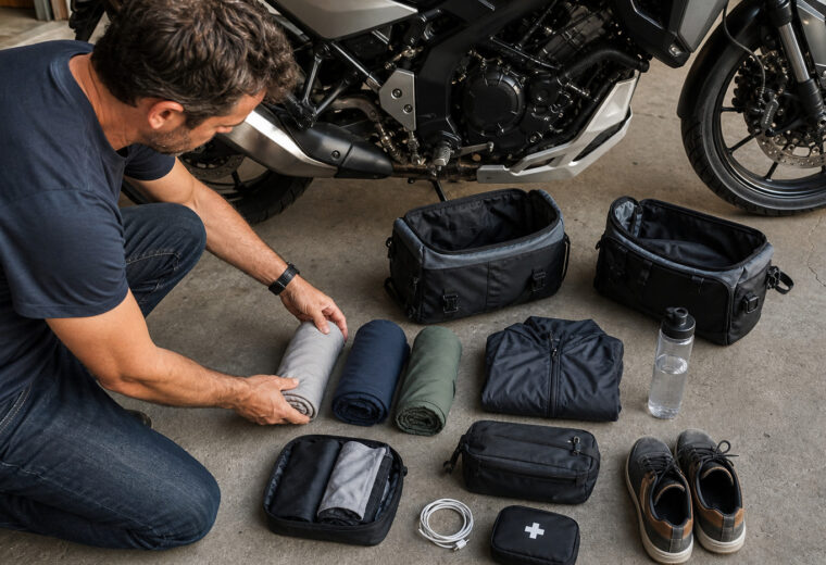 Motorista preparando un equipaje compacto para una ruta de tres días
