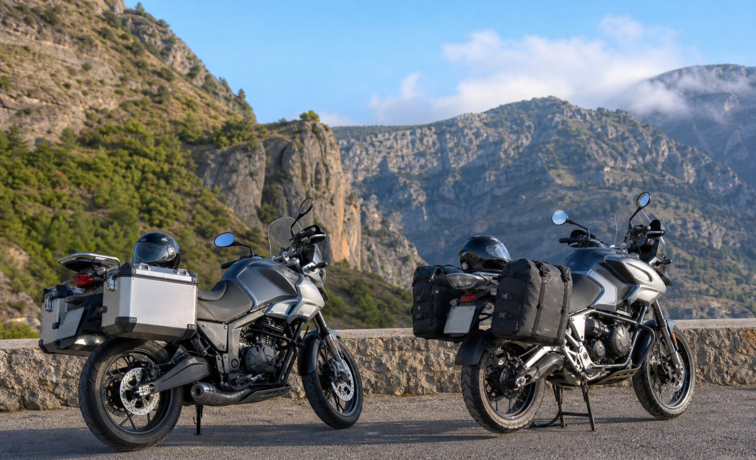 Dos motos de viaje, una con maletas rígidas y otra con equipaje blando