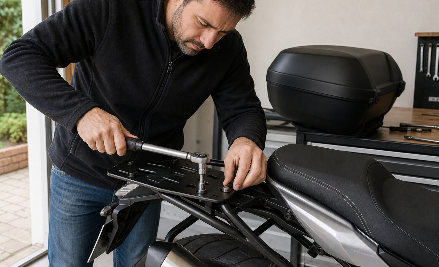 Persona apretando con una llave dinamométrica la base del top case de una moto