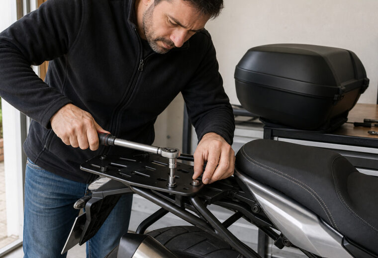 Persona apretando con una llave dinamométrica la base del top case de una moto