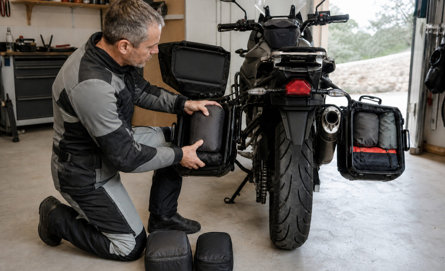 Motorista colocando bolsas compactas en las maletas laterales de una moto