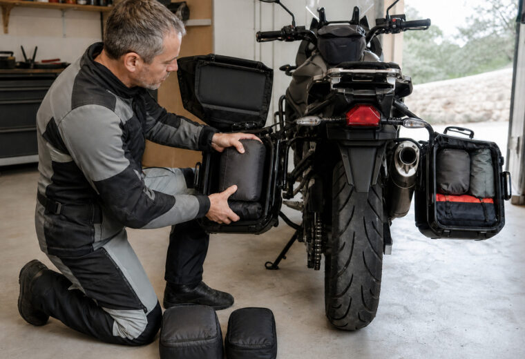 Motorista colocando bolsas compactas en las maletas laterales de una moto