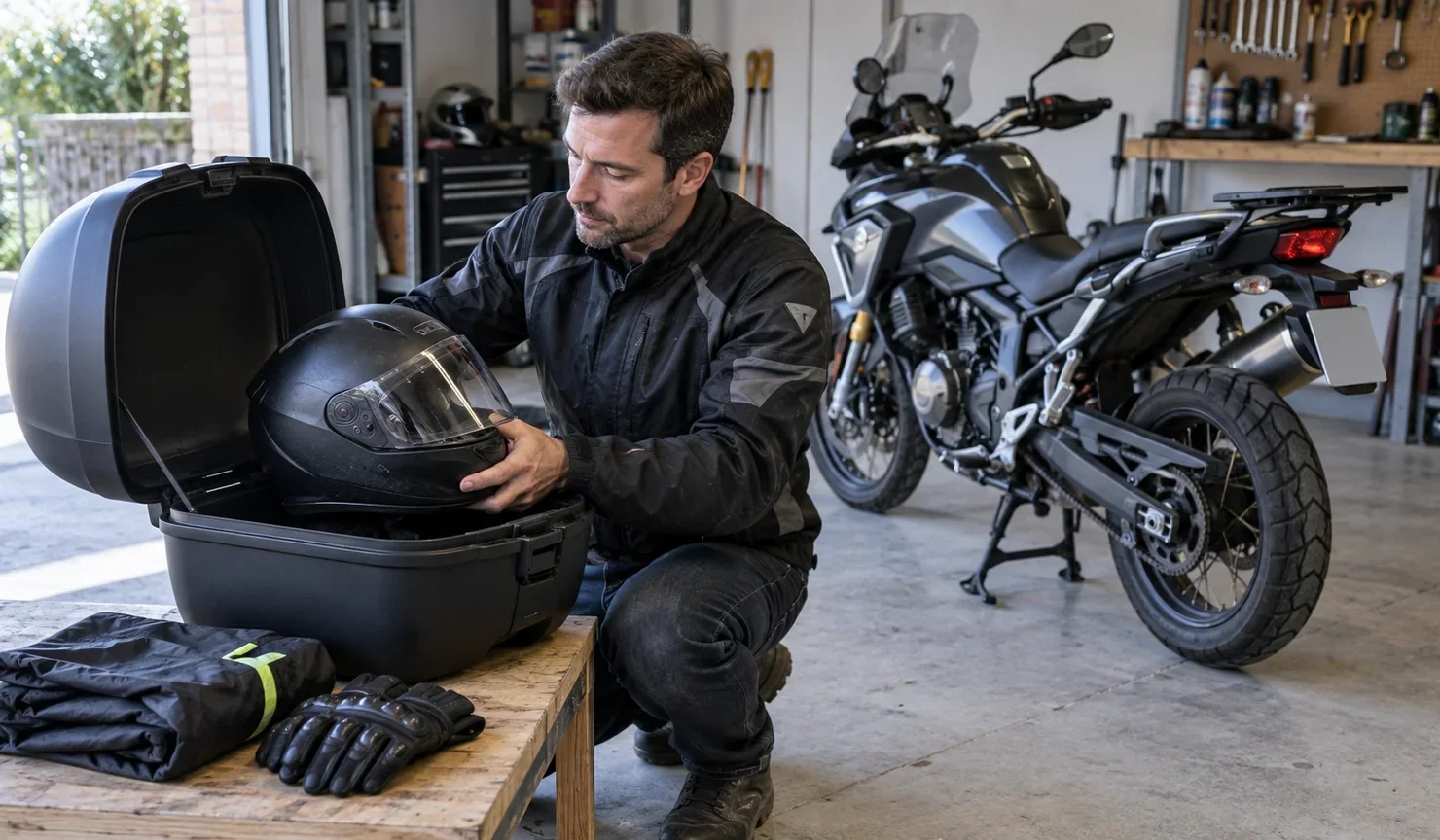 Motorista prueba un casco integral en un baúl abierto junto a una capa de lluvia y unos guantes