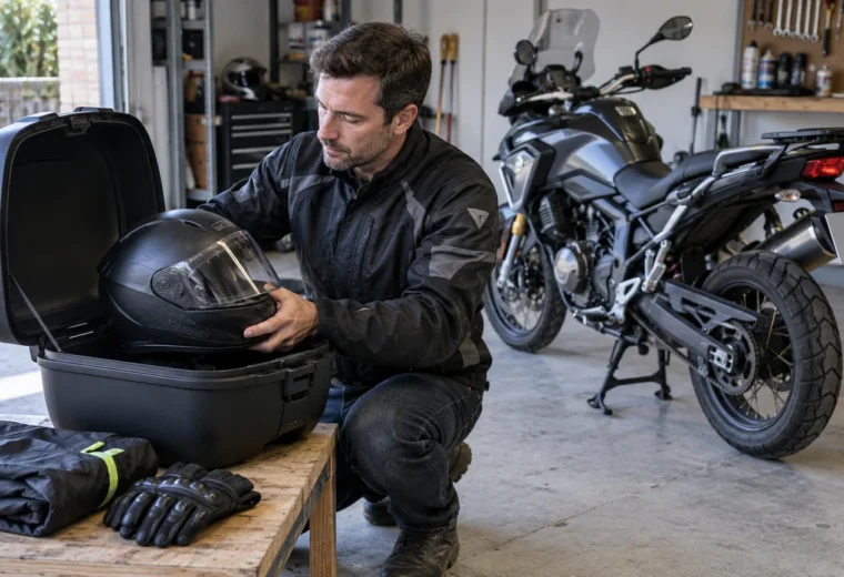 Motorista prueba un casco integral en un baúl abierto junto a una capa de lluvia y unos guantes