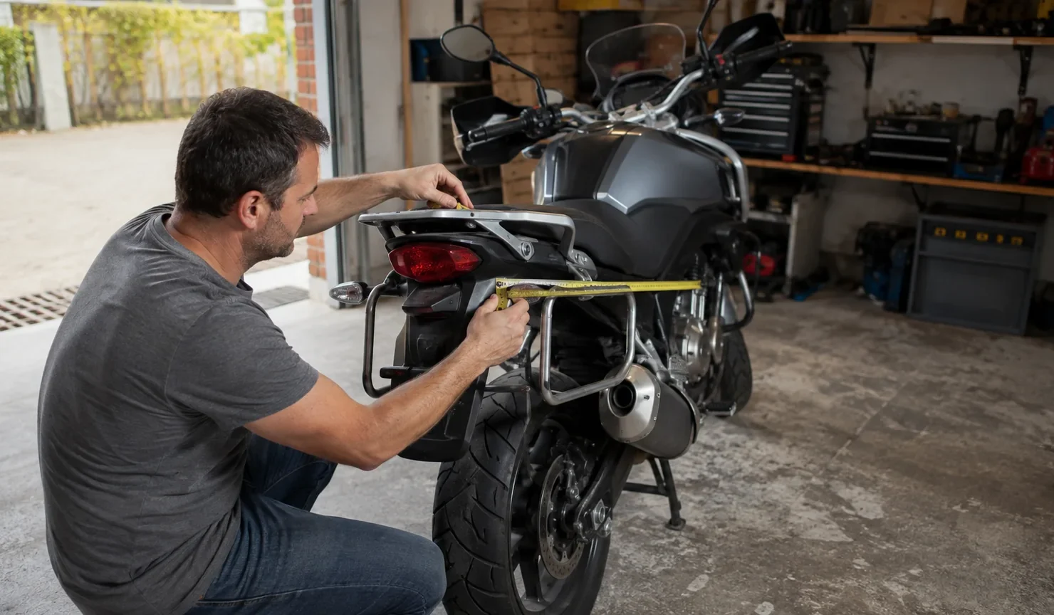 Motorista mide con una cinta el soporte lateral y la parrilla trasera de una moto sin maletas