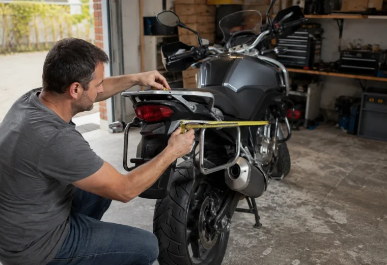 Motorista mide con una cinta el soporte lateral y la parrilla trasera de una moto sin maletas