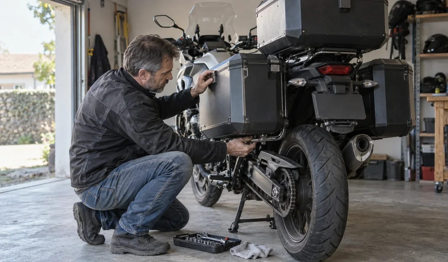 Un motorista comprueba el anclaje y el cierre de una maleta lateral instalada en una moto