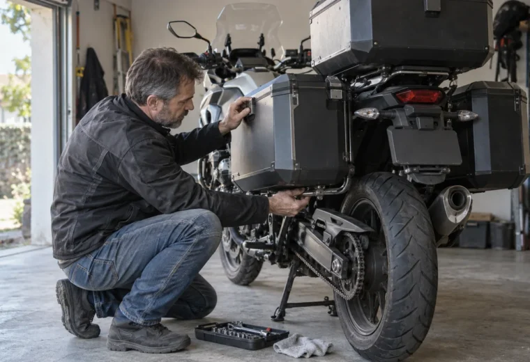 Un motorista comprueba el anclaje y el cierre de una maleta lateral instalada en una moto