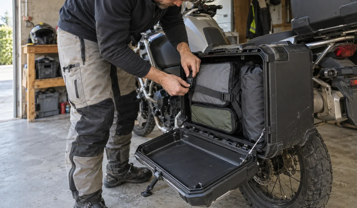 Un motorista ajusta una correa sobre bolsas compactas dentro de una maleta lateral genérica