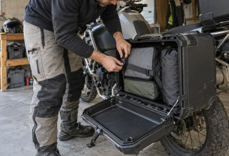Un motorista ajusta una correa sobre bolsas compactas dentro de una maleta lateral genérica