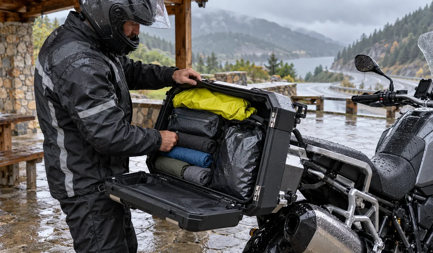 Un motorista abre una maleta lateral organizada con impermeable, bolsas secas y ropa mientras llueve