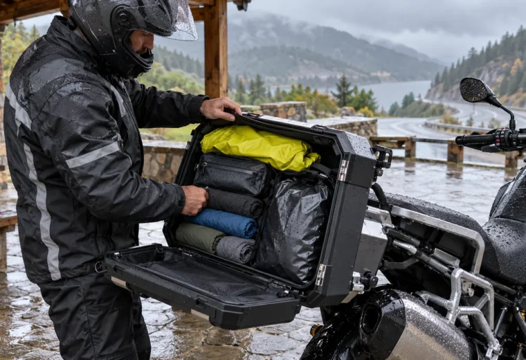 Un motorista abre una maleta lateral organizada con impermeable, bolsas secas y ropa mientras llueve